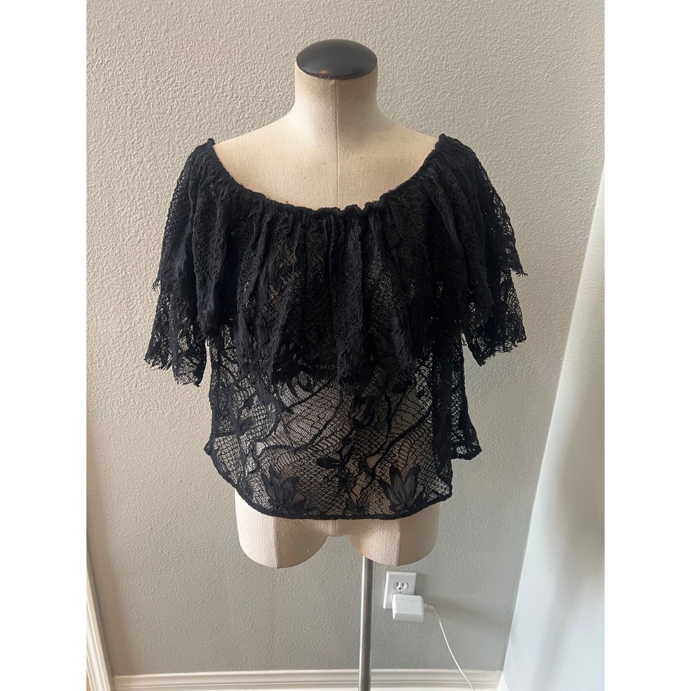 Who What Wear Black Lace Off Shoulder Ruffle Blouse Floral Boho Top Womens